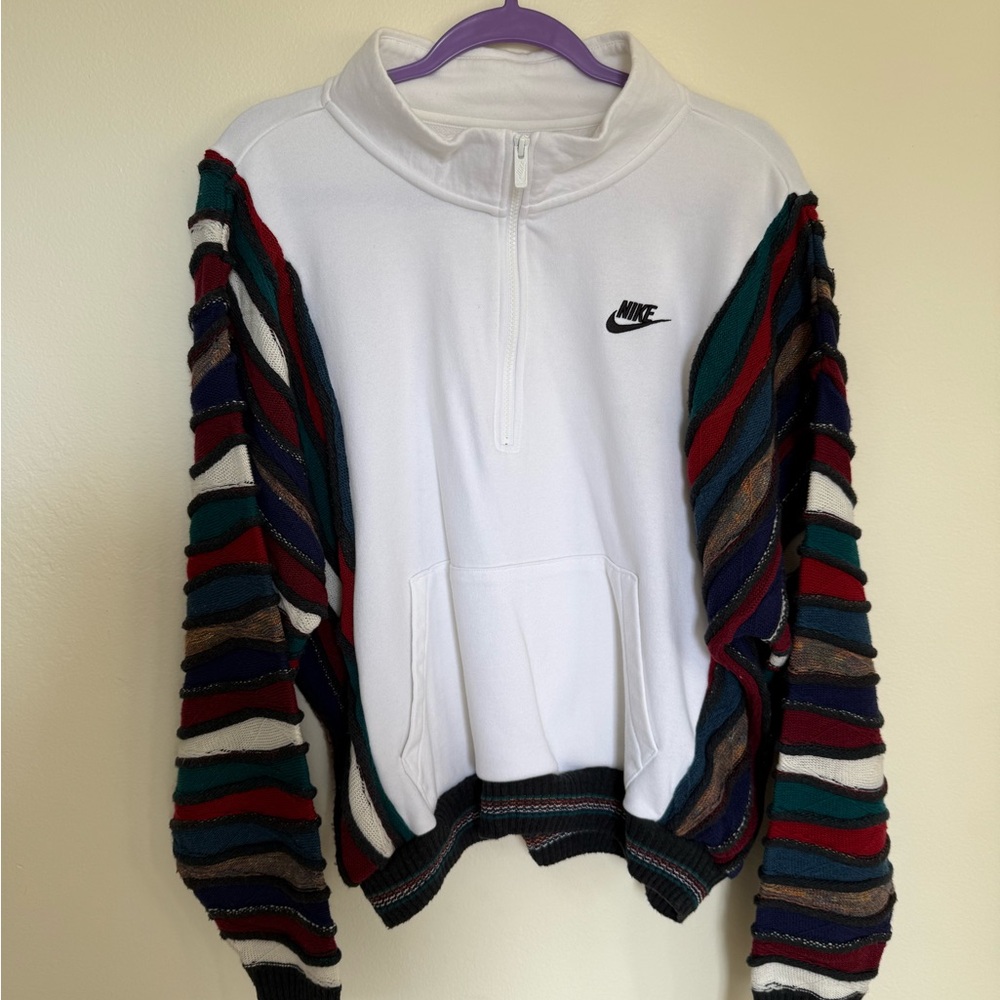 Upcycled Nike White and Red Sweatshirt Sweater with Striped Sleeves
